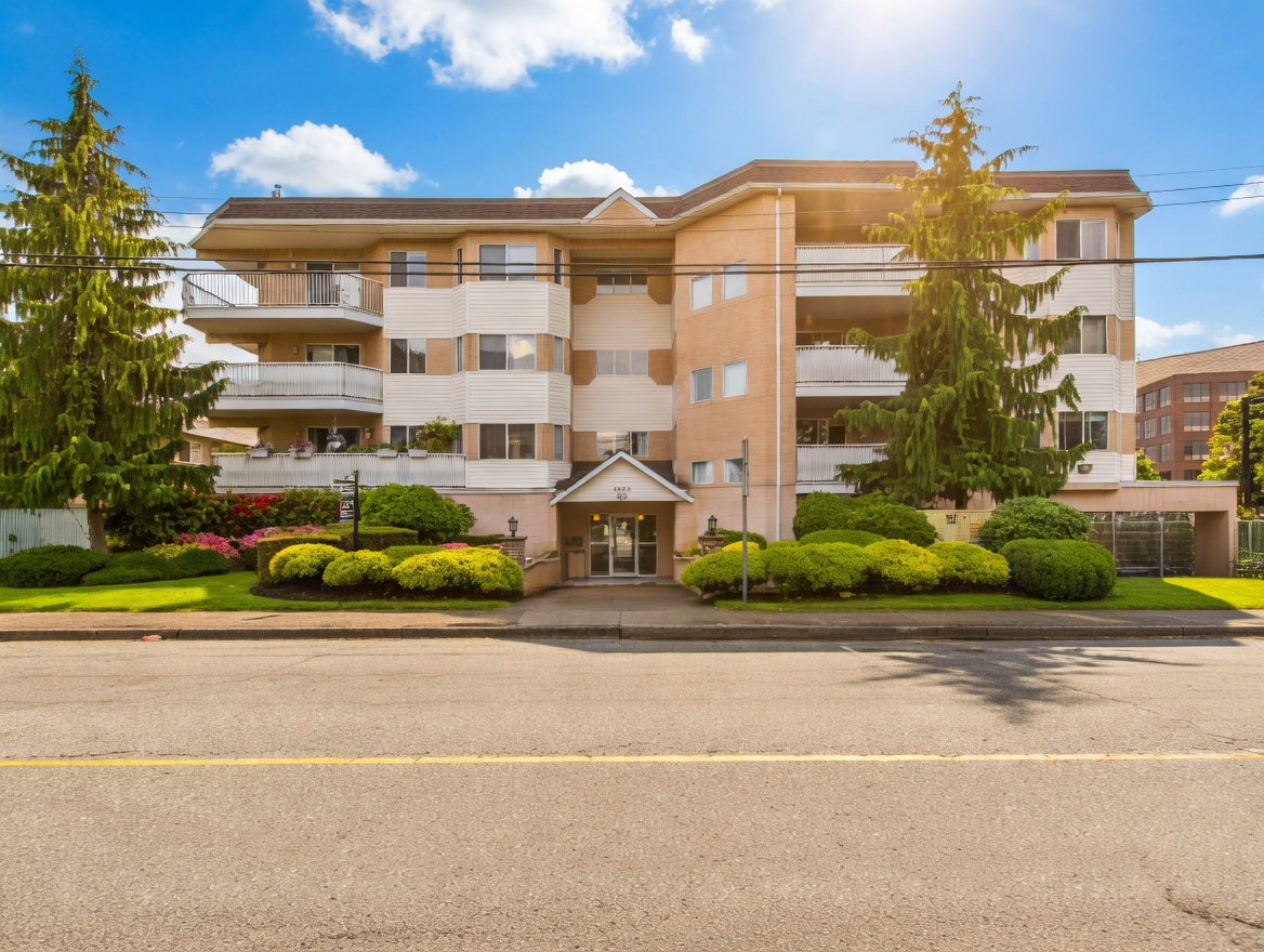 Image shows exterior of Carrington Court 8985 Mary Street Chilliwack, BC