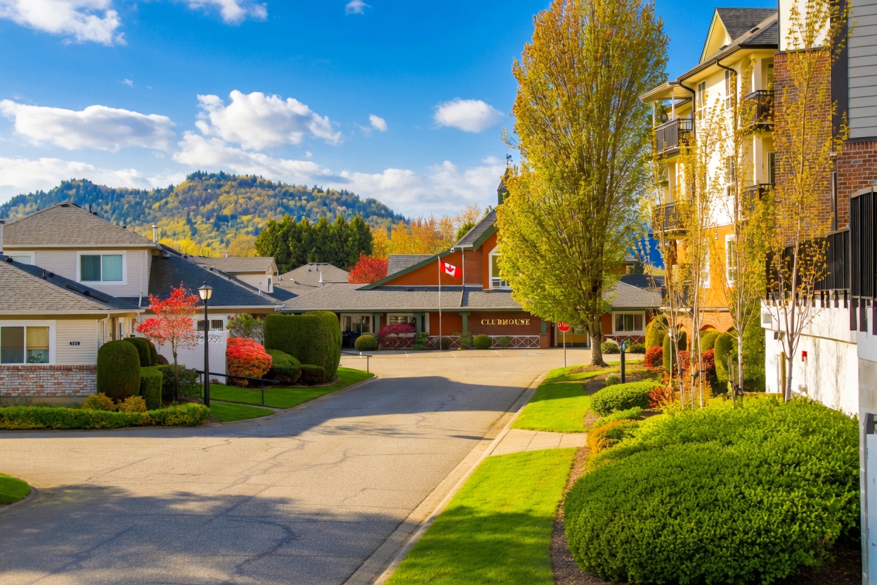 Image shows the complex Hazelwood Grove 8485 Young Road Chilliwack, BC
