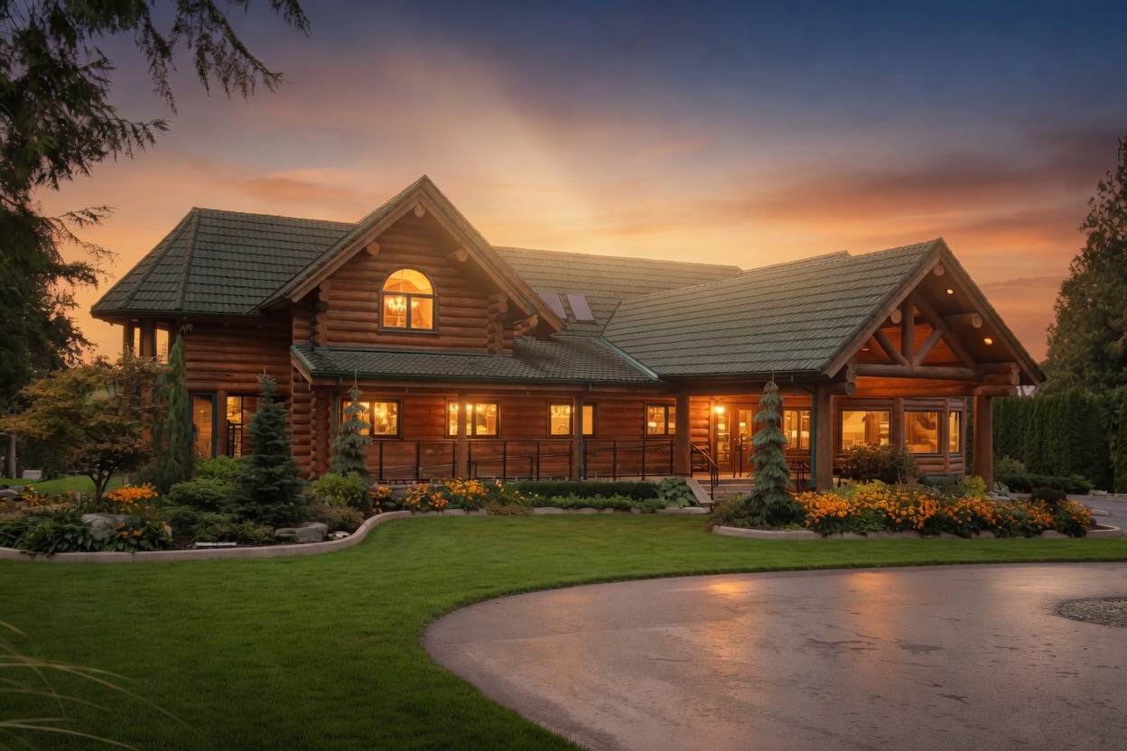 image is golden hour shoot for the clubhouse at THE COTTAGES AT BRIDAL FALLS 53480 BRIDAL FALLS ROAD